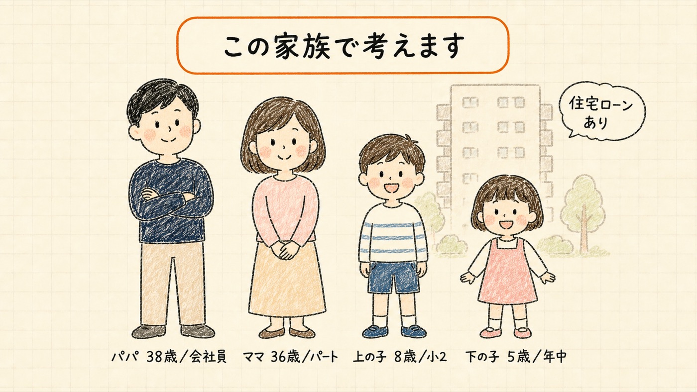 この家族で考えます。パパ38歳会社員、ママ36歳パート、上の子8歳小2、下の子5歳年中、住宅ローンあり