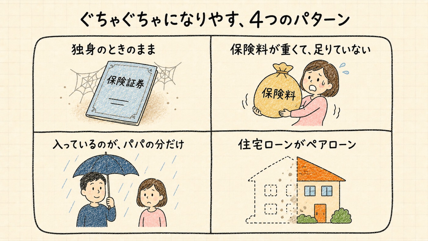 ぐちゃぐちゃになりやすい4つのパターン。独身のときのまま/保険料が重くて足りていない/入っているのがパパの分だけ/住宅ローンがペアローン