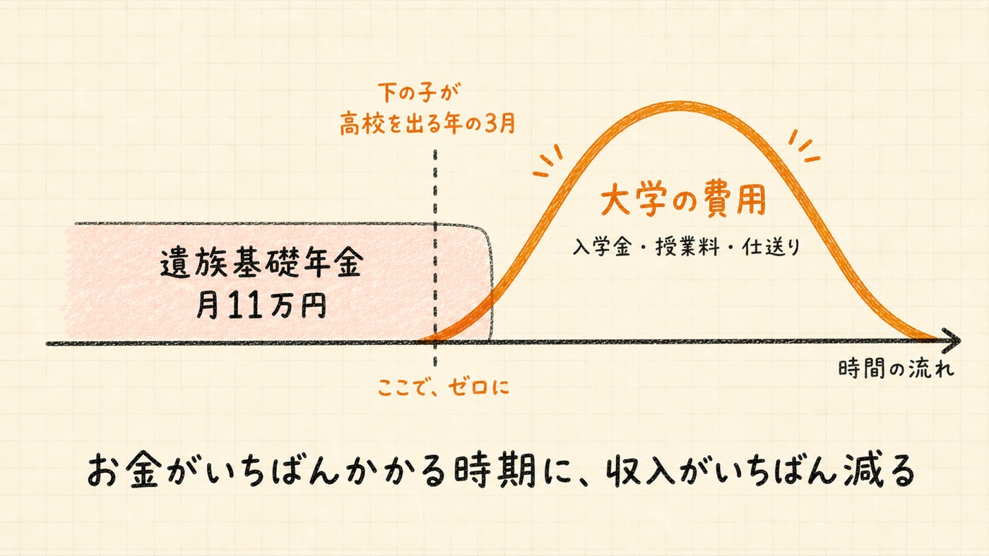 遺族基礎年金 月11万円は下の子が高校を出る年の3月で終わり、その直後に大学の費用のピークが来る